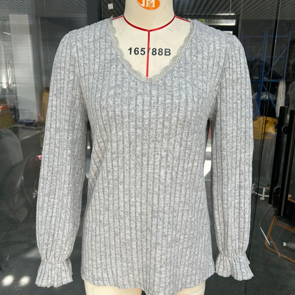 Damenmode Gebürstetes Hemd Einfarbig Lässig V-Ausschnitt Spitze Langarm Basic Oberteil