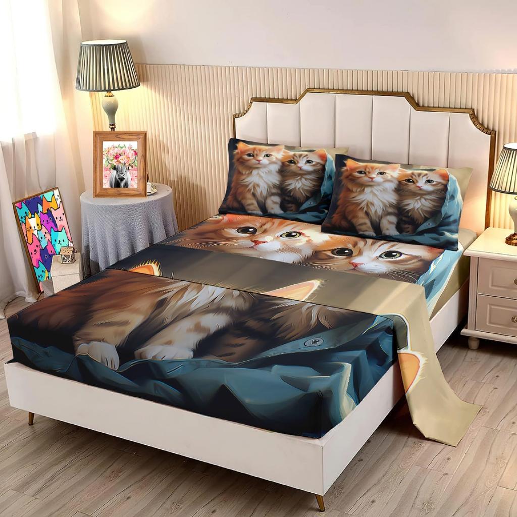 Cute cartoon cat family pattern mattress four-piece bedding set bedroom dormitory bedding set