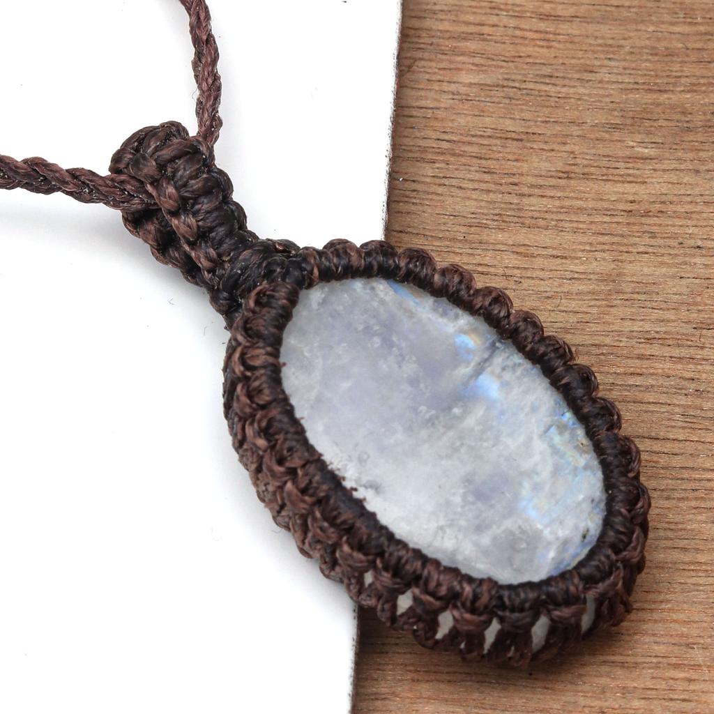 Moonstone Necklace Macrame Handmade Natural Bohemian Crystal Rainbow Healing