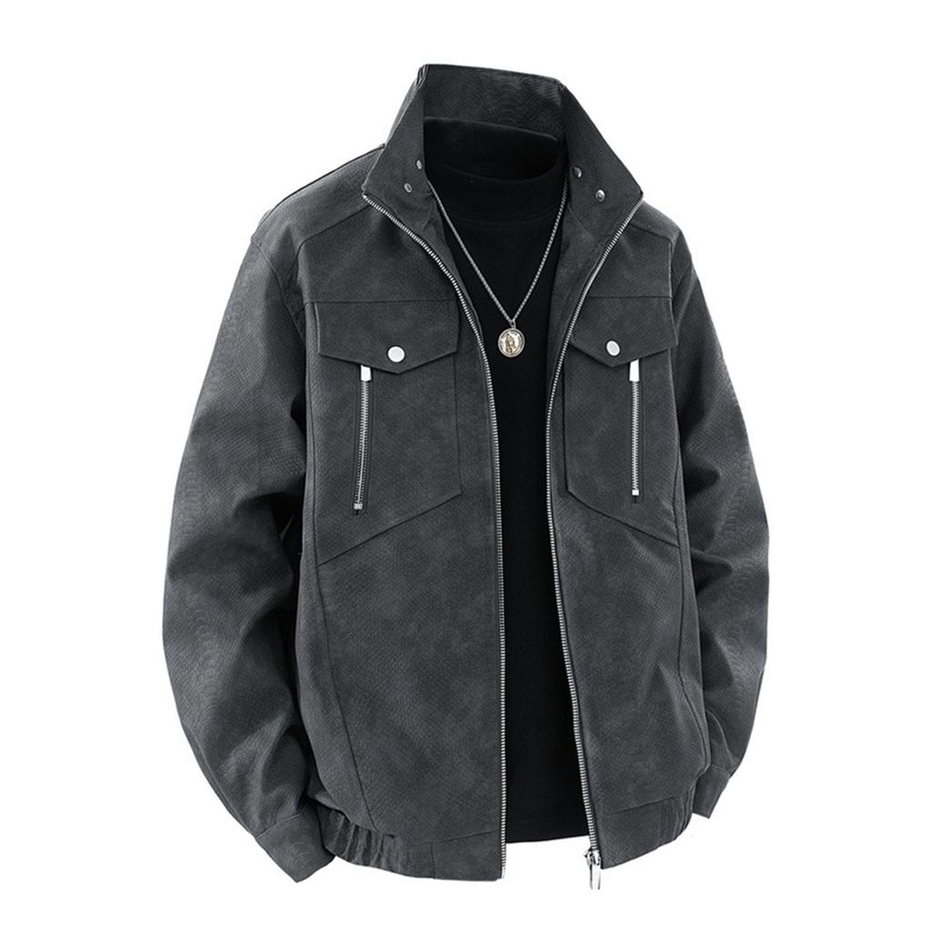 Men's Solid Color Zipper Stand Collar PU Leather Jacket Casual Sports Trendy Coat