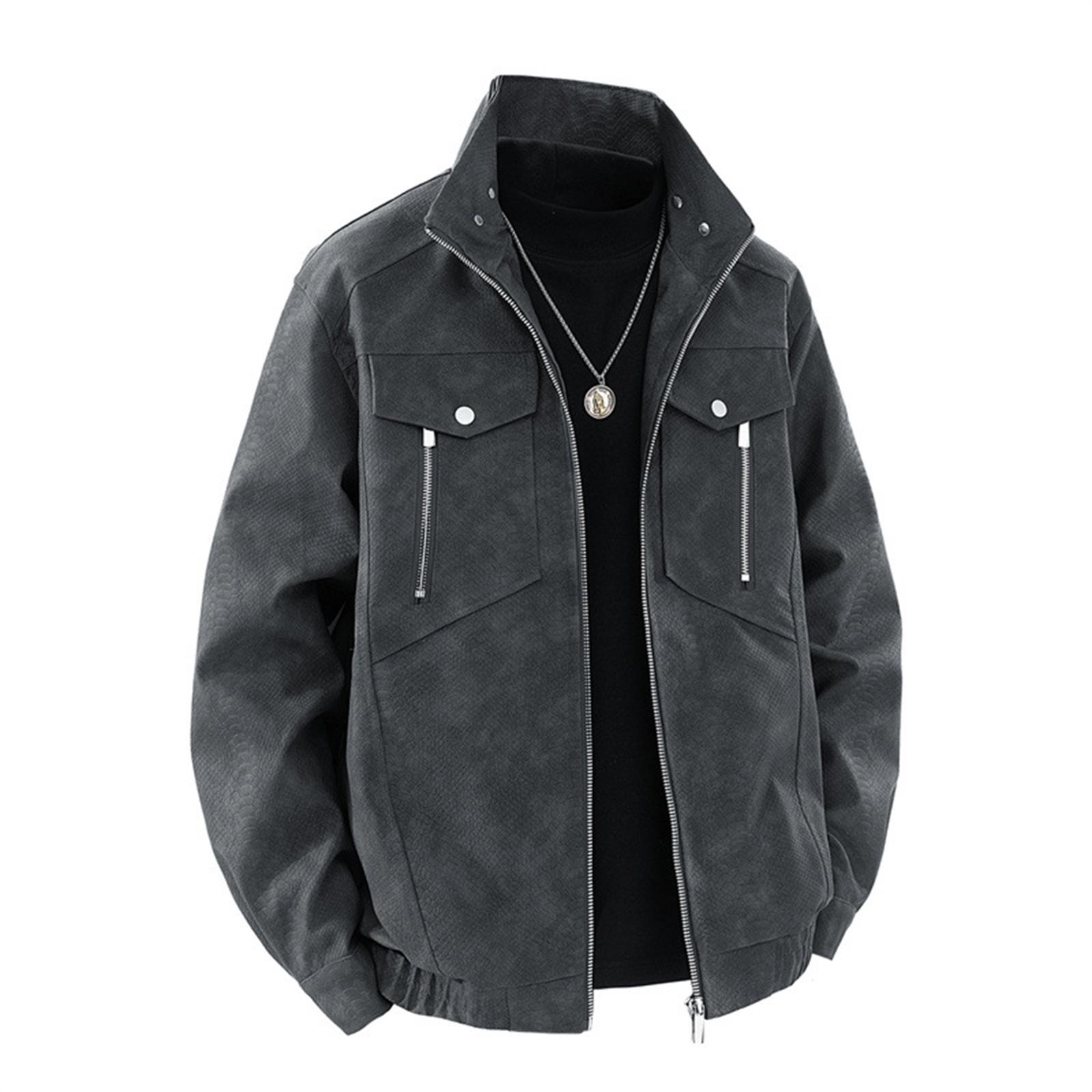 

Men s Solid Color Zipper Stand Collar PU Leather Jacket Casual Sports Trendy Coat M
