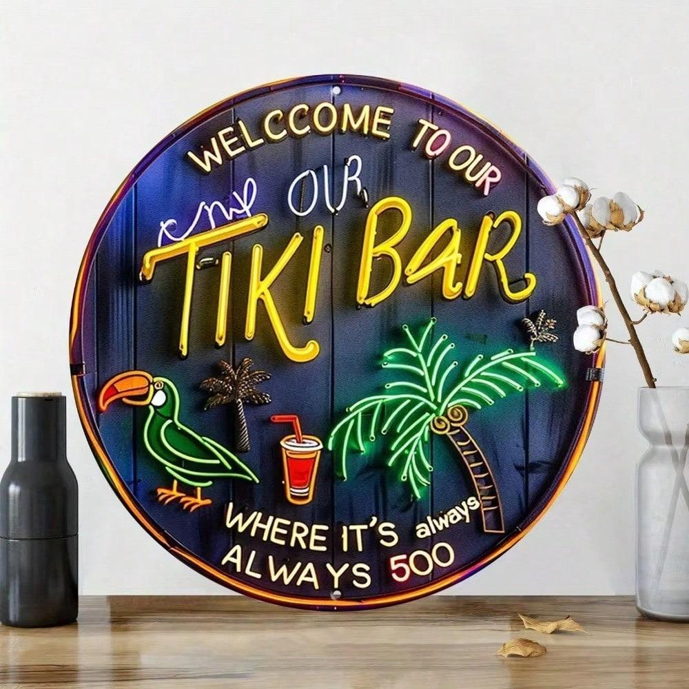 1PC 8x8 Inch Round Retro Metal Sign Welcome To Our Tiki Bar Wall Decor For Bar Home
