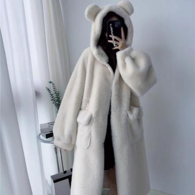 Ζεστό παλτό με κουκούλα από ψεύτικη γούνα γυναικών, χειμωνιάτικο χαριτωμένο φλις με επένδυση, παχύ μακρύ, ευέλικτο