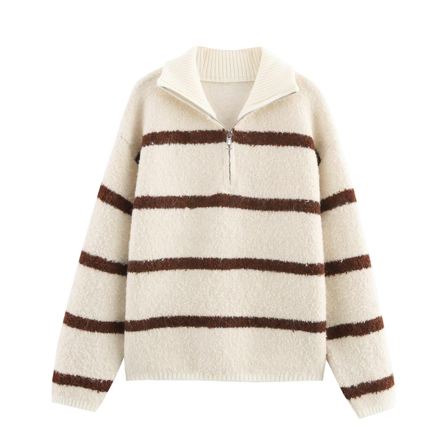 

Зимний женский вязаный свитер пуловер на молнии в европейском и американском стиле 2024 One Size бежевый