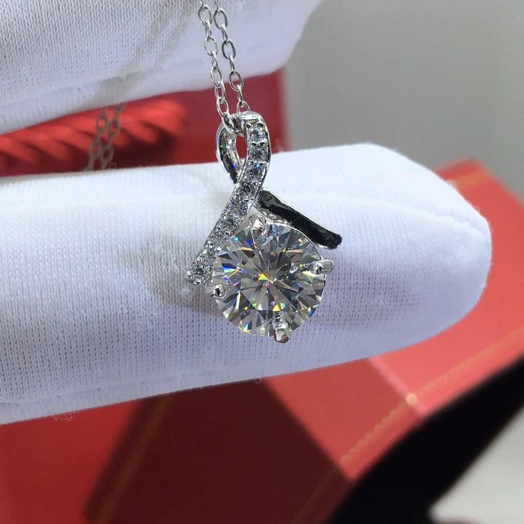 Silver 925 Original 2 Carat Diamond Test D Color Moissanite Bowknot Pendant Necklace Round Brilliant Cut Gemstone Wedding Chain