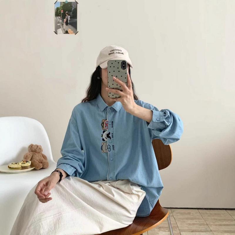 Women's Retro Cartoon Embroidered Cotton Denim Shirt - Long Sleeve, Casual Top for Spring/Autumn 2025