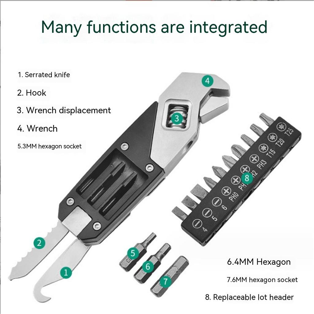 13 In 1 Mini Wrench Multi-Function Adjustable Wrench Portable Screwdriver 13 Bits Knife Stainless Steel Outdoor Home DIY Hand Tools