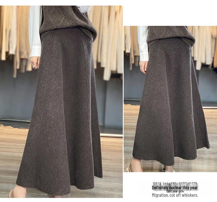 Women's High-Waist Wool Knit Midi Skirt, A-line, Solid Color, Autumn/Winter 2026