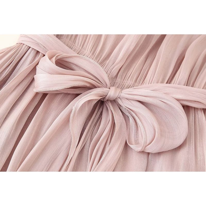 Kaslead New Women clothes Western Style Simple V-neck Bell Sleeve Waist Hugging Ribbon Dress