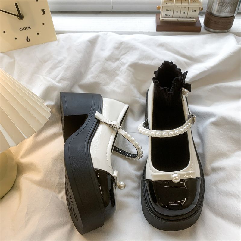 Pearl Mary Jane Shoes Platform Small Leather Shoes Japanese Women Round Head Style Daily Bow Sweet