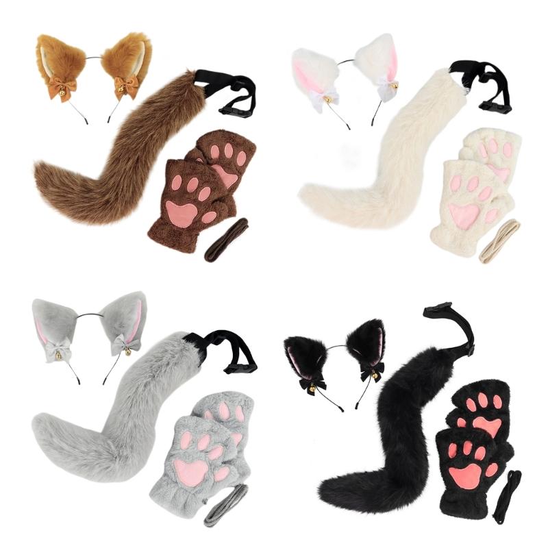 3Pcs Halloween Cats Costume Set for Girl Cosplay, Halloween Cats Costume Accessories with Headband, Tail, Gloves