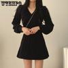 Spring and Autumn Women's V-neck Sweater Dress Knitted Waist Fashionable Lantern Long Sleeve A-line Dress