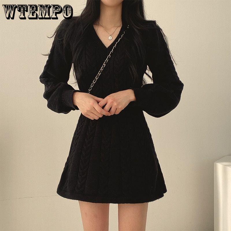 Spring and Autumn Women's V-neck Sweater Dress Knitted Waist Fashionable Lantern Long Sleeve A-line Dress