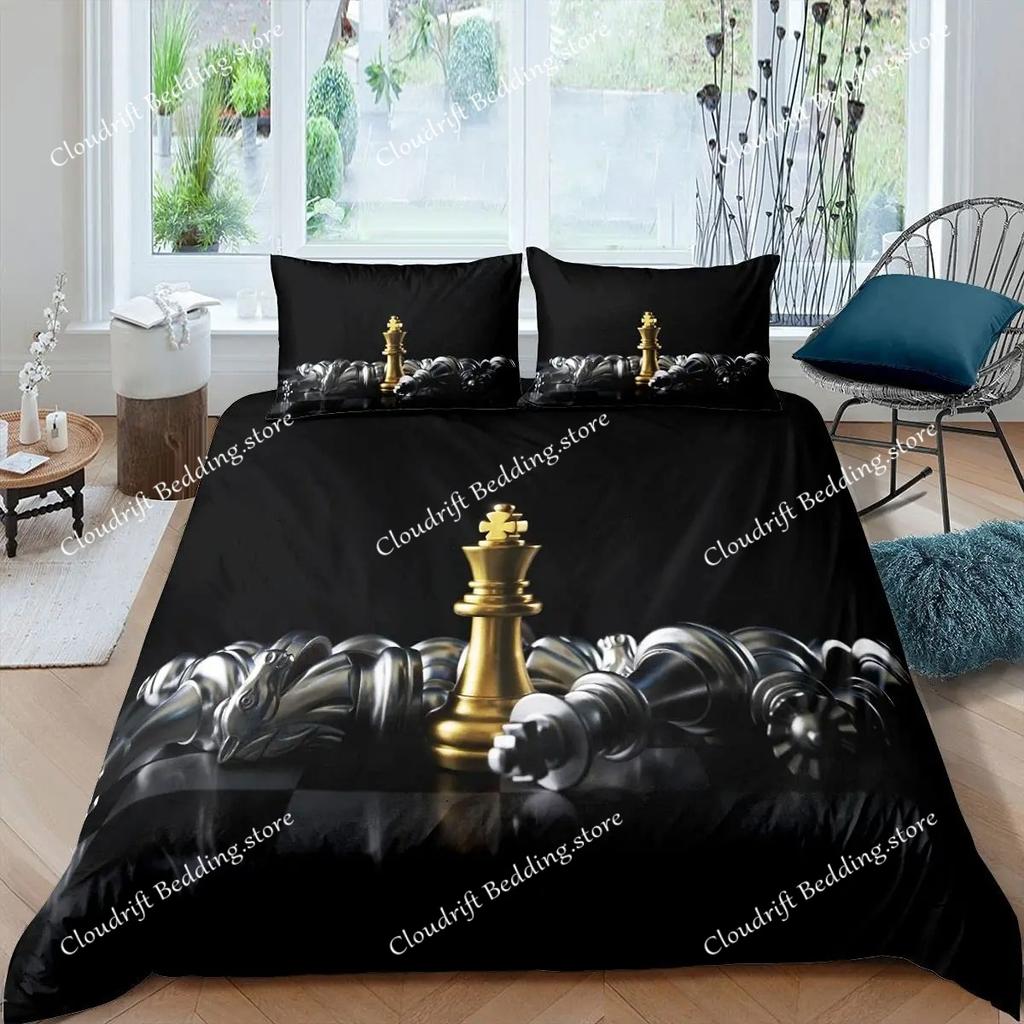 International Chess Duvet Cover Set Queen Size Chess Lovers Bedding Set for Boys Adults Microfiber Black Base Quilt Cover