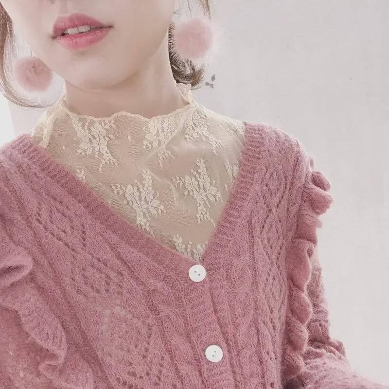 Four Seasons Lace Mesh Semi-High Neck See-Through Long Sleeve Korean-Style Blouse