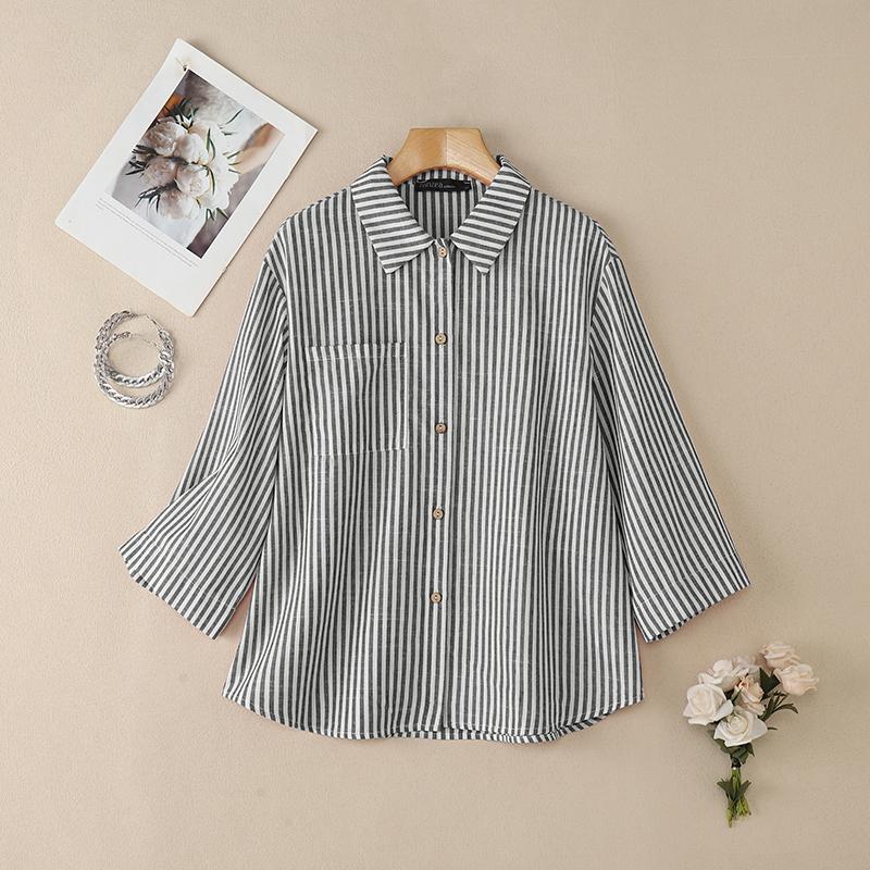 ZANZEA Dámská ležérní pruhovaná halenka s volným střihem a 3/4 rukávy s límcem na ohrnutí