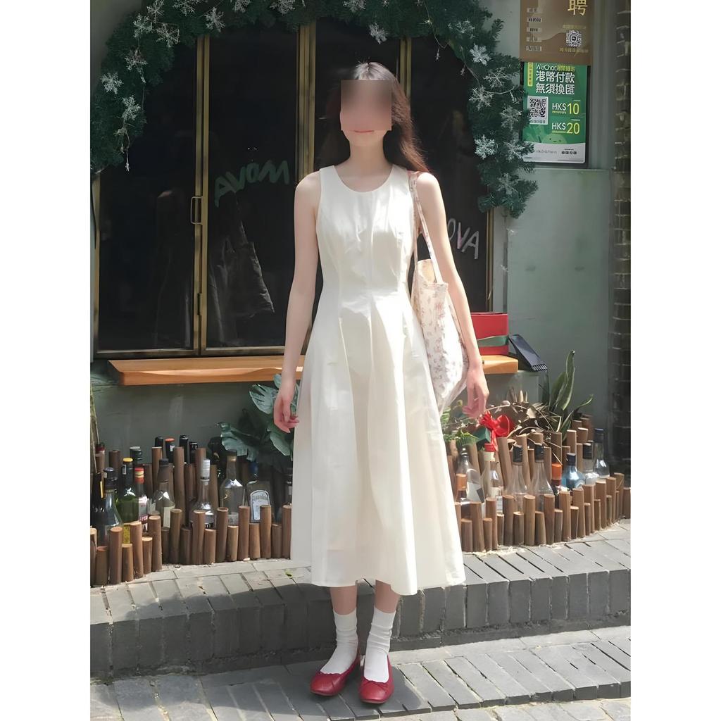 Temperament White Waist Vest Dress Casual Summer New Women's Small Sleeveless Long Dress