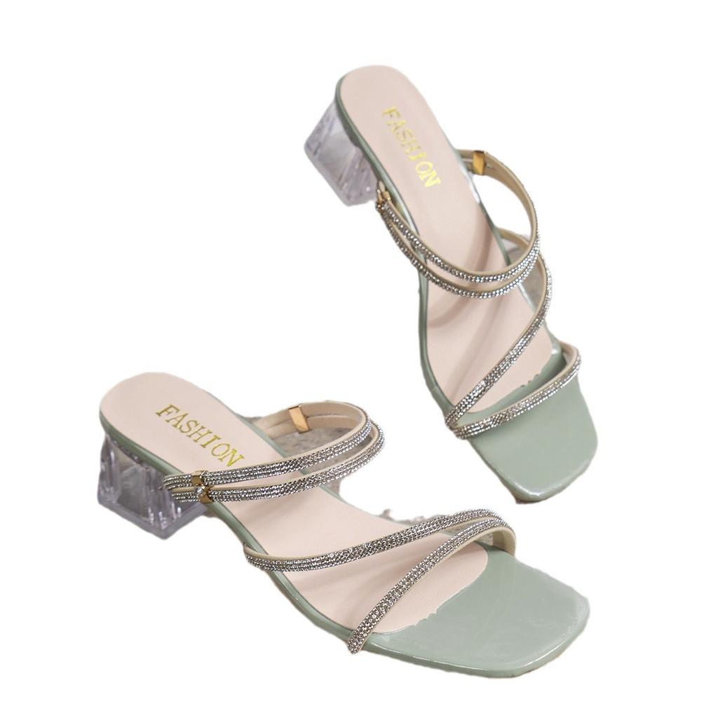 2025 summer new style one-word fashion women's large size square head thick high-heeled slippers