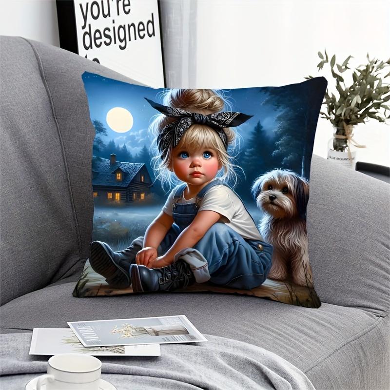 Charming Girl and Dog Pillowcase - Soft Plush Gift No Pillow Insert Night Scene Design for Kids Room Decor Unique Home Accessory