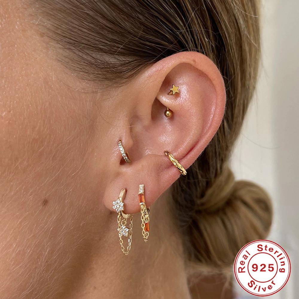 New S925 Sterling Silver Geometric Tassel Chain Square Zircon Pendant Earrings Earrings