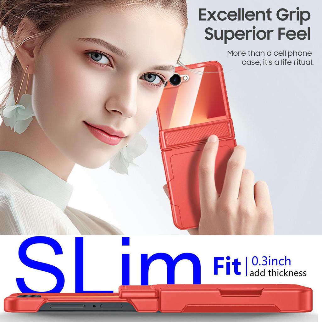 For Samsung Galaxy Z Flip 7 with Card Holder [RFID Blocking] & Hinge Protection & HD Screen Protector,Rugged Anti-Scratch Phone Case-Rose Red