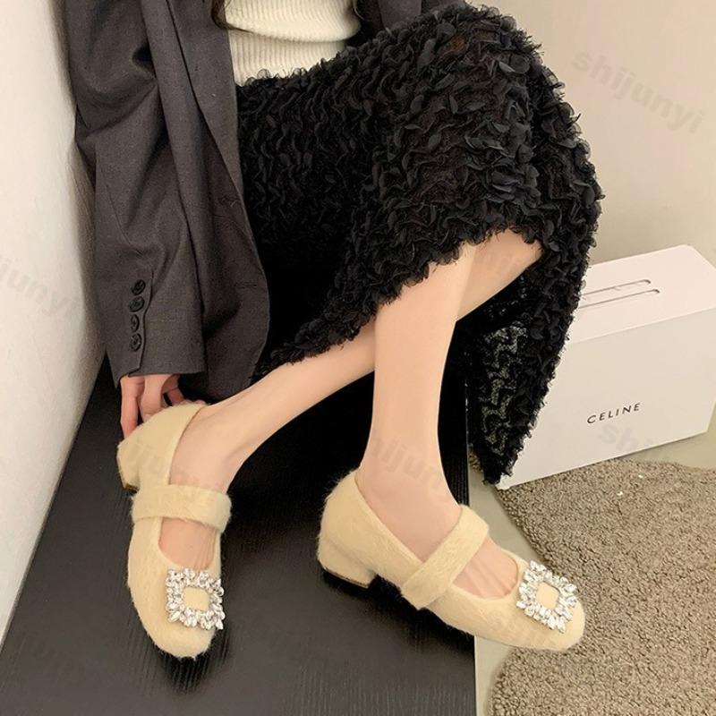 Fashion Women's Elegant Square Head Shallow Mouth Hairy Single Shoes 2025 Autumn Warm Comfortable Versatile Plush Mary Jane Cotton Shoes