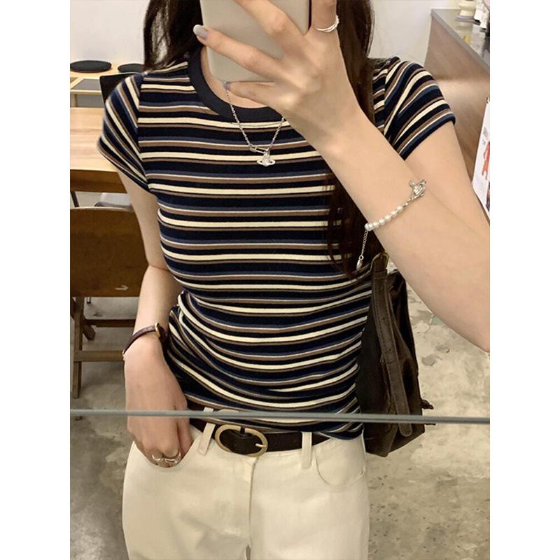 Contrasting Color Striped Crew Neck Front Shoulder Short-sleeved T-shirt Women's Summer Commute Versatile Slim-fit Design Sense Thin Bottoming Top