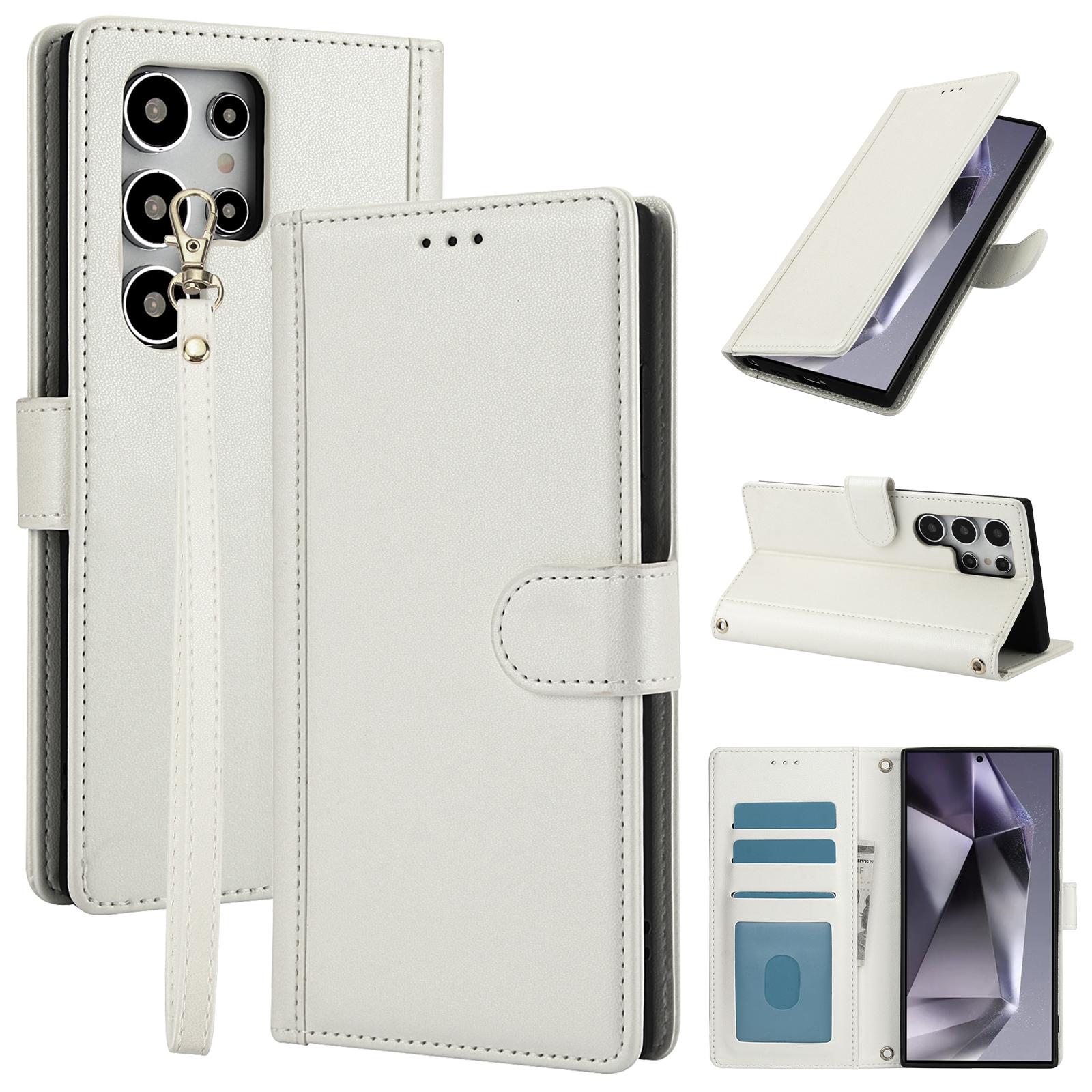 

For Samsung Galaxy S25 Ultra Case PU Leather Stand View Phone Wallet Cover with Hand Strap White