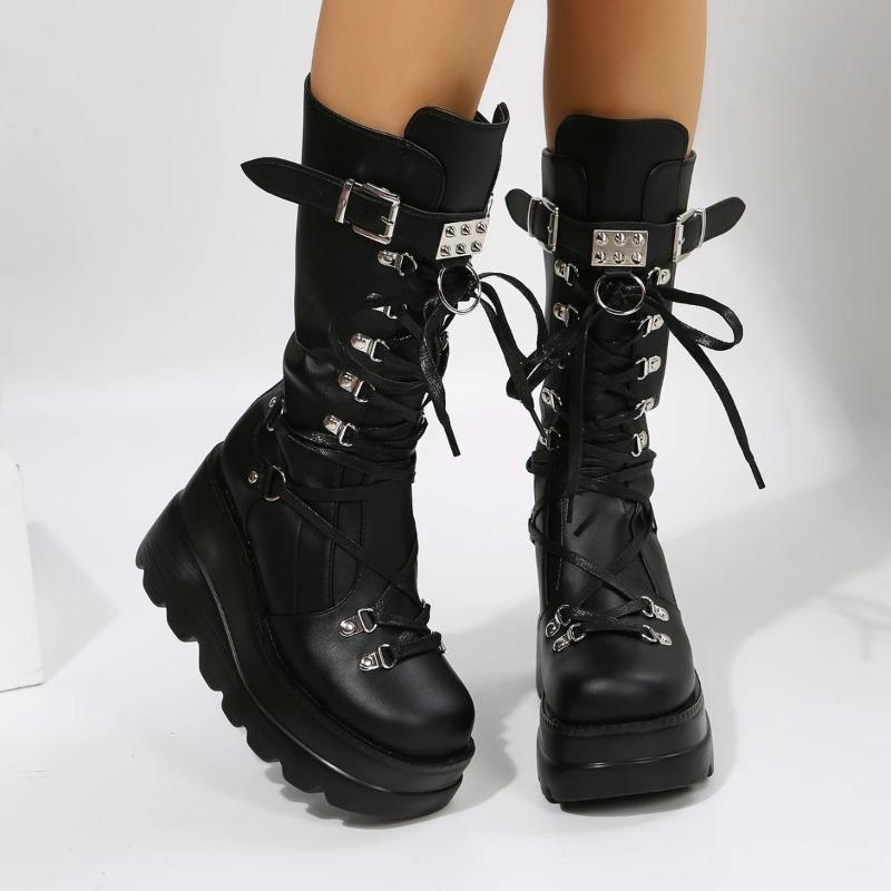 Plus Size Autumn Women Boots Buckle Round Toe Wedges Platform Boots Women Punk Goth Street Combat Shoes for Women Botas De Mujer