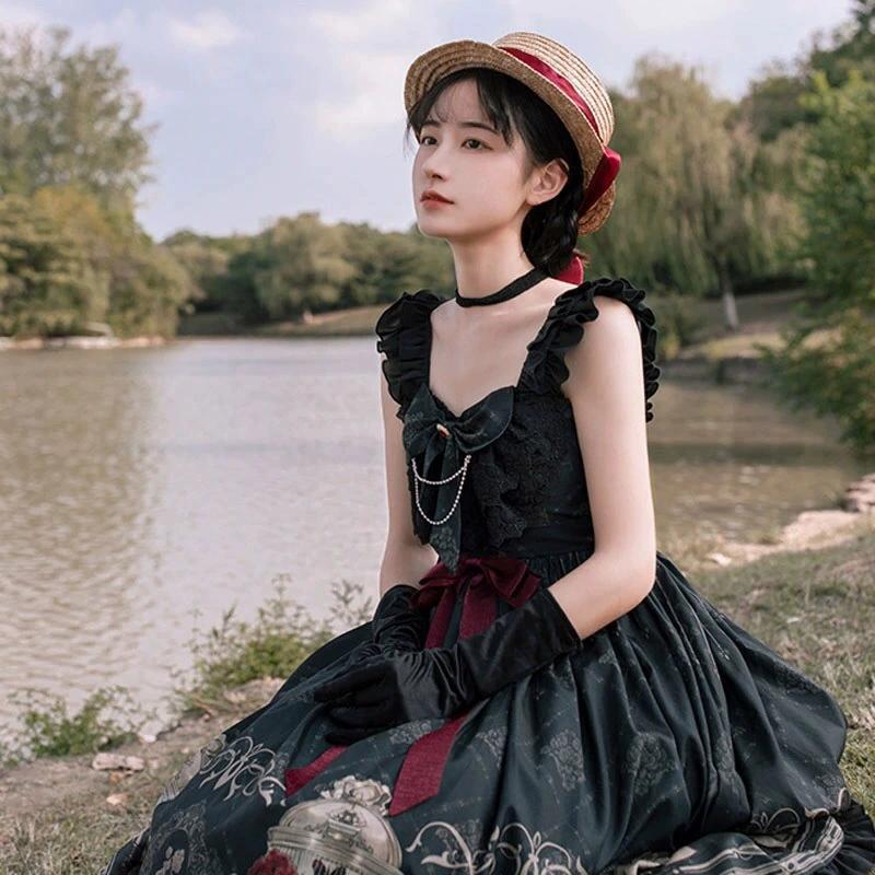 Gotický styl Tmavé Lolita šaty Bez rukávů Temperament Mašle Volánky Halter šaty