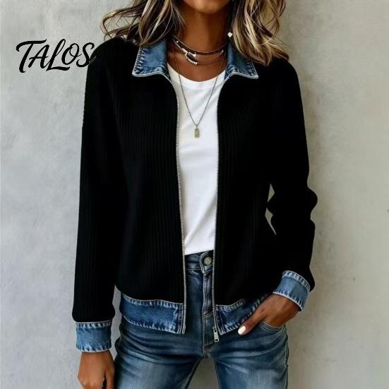 Ribbed Corduroy Top Women Denim Zip-Up Jacket, Long Sleeve Casual Coat, Relaxed Fit Jacket Fall Winter with Contrast Turndown Collar Outerwear