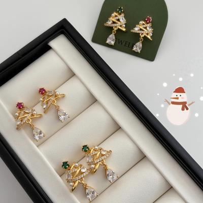 Exquisite Christmas Tree Zircon Stud Earrings with 925 Silver Needles and Water Drop Pendant
