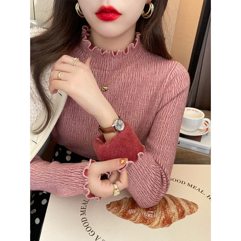 Semi-turtleneck bottoming shirt women's autumn and winter fleece thickened integrated fleece sweater lace fungus edge with knitted sweater top