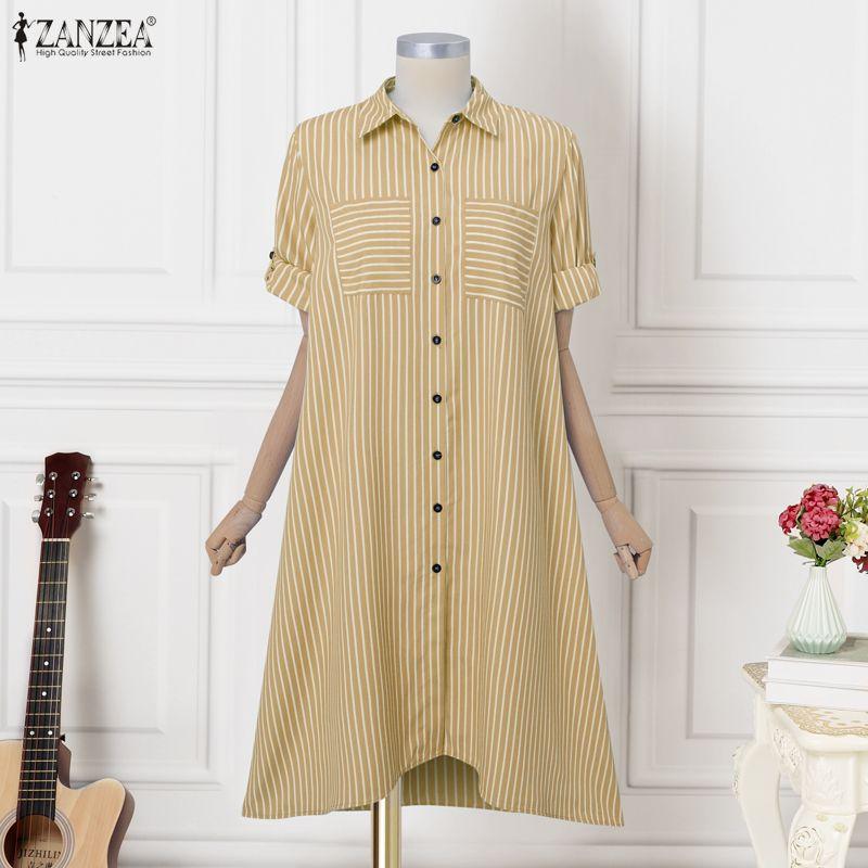 ZANZEA Women Casual Adjustable Long Sleeve Loose Lapel Collar Stripe Shirt Dress