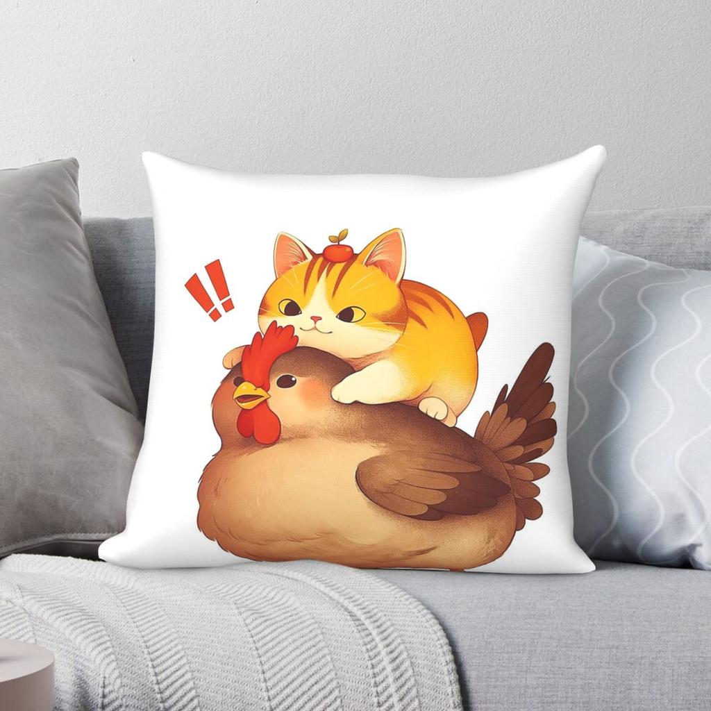 Cat Riding A Chicken Square Pillowcase Polyester Linen Velvet Creative Decorative Throw Pillow Case Sofa Seater Cushion Cover
