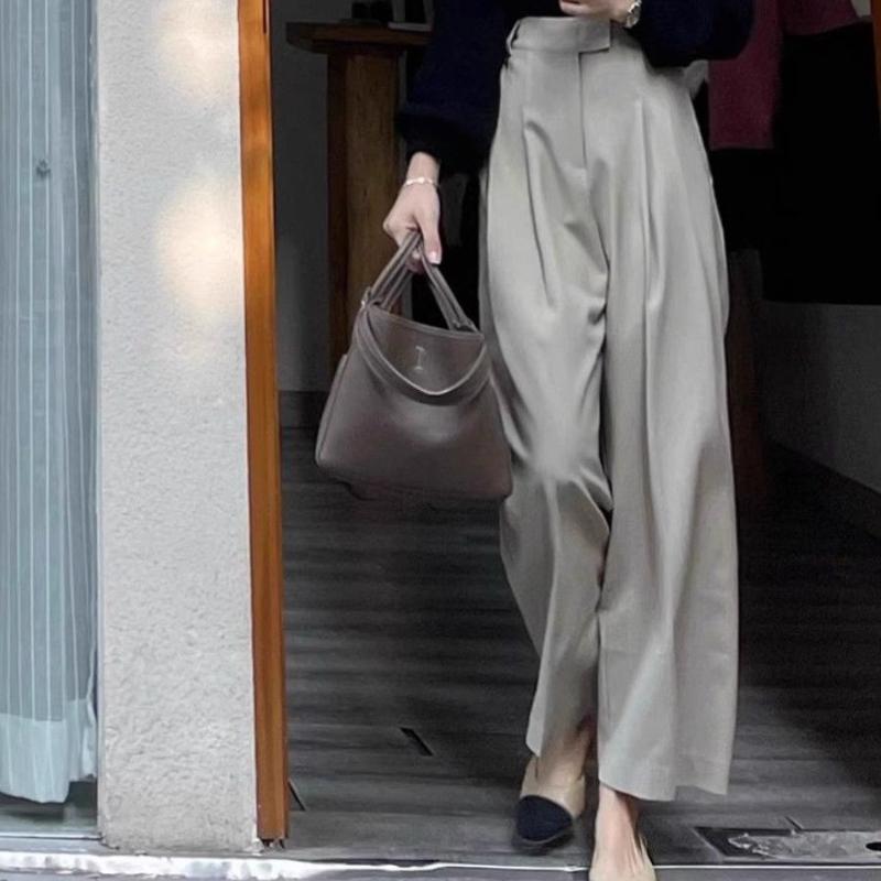 High-Waisted Drapey Summer Tailored Trousers for Women - Grey Slimming Straight-Leg Wide-Leg Ankle-Length Culottes