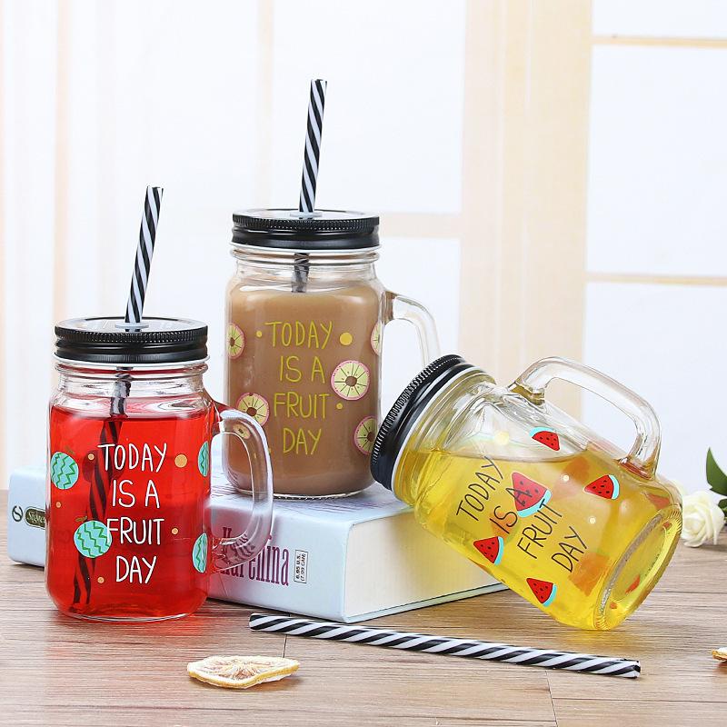 Summer Fruit Creative Mason Jar Cold Drink Glass Cup Juice Beverage Cup with Lid 500ml