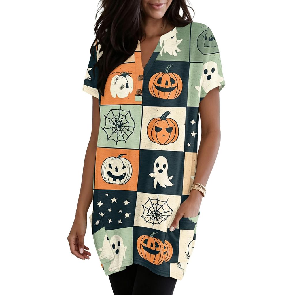 Women's V Neck Halloween Print Short Sleeve Pullover Dress with Pocket Casual Loose Fit Tunic Dress for Daily Wear