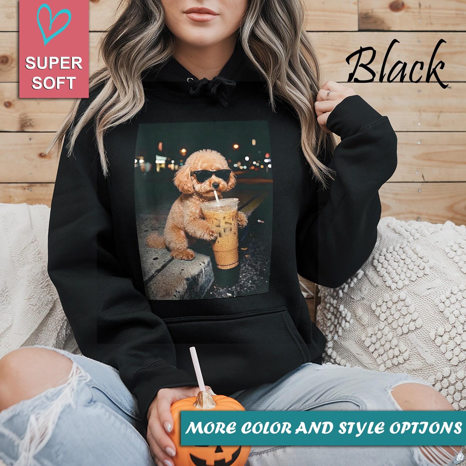 Funny Poodle Drinking Iced Coffee Shirt, Cool Dog with Sunglasses Graphic Tee, Cute Puppy Aesthetic Streetwear, Trendy Dog Mom Shirt 4XL
