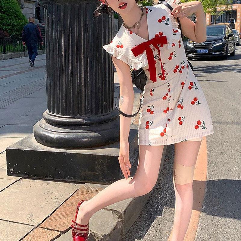 Cherry Sweet Bow V-Neck Dresses Stylish Folds Patchwork Sleeveless Female Clothing Korean Slim Summer A-Line Waist Mini Dress