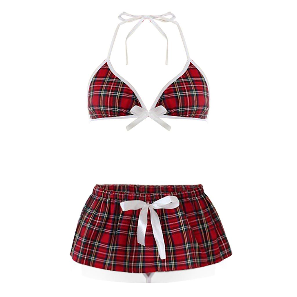 Women's Sexy Three-Point Plaid Student Uniform Underwear Suit