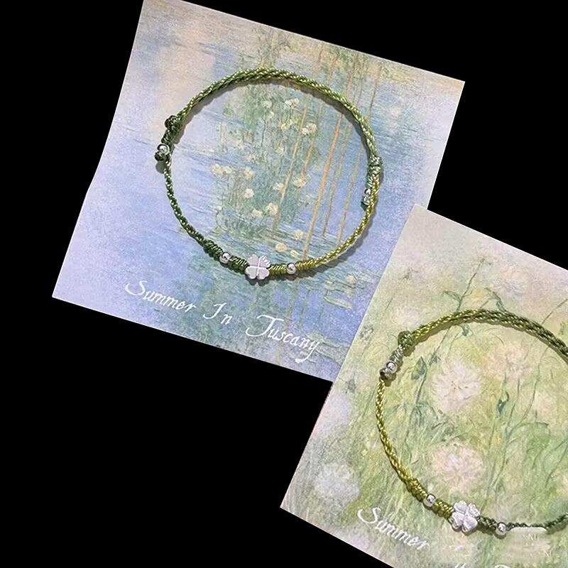 Green Four Leaf Clover Handmade Braided Rope Bracelet Delicate Lucky Bangle Jewelry Gift