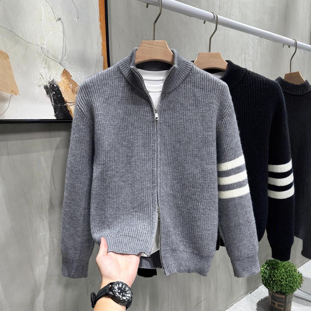 Autumn/Winter Men's Double Zipper Solid Jacquard Knit Cardigan - Versatile, Casual, and Loose Fit