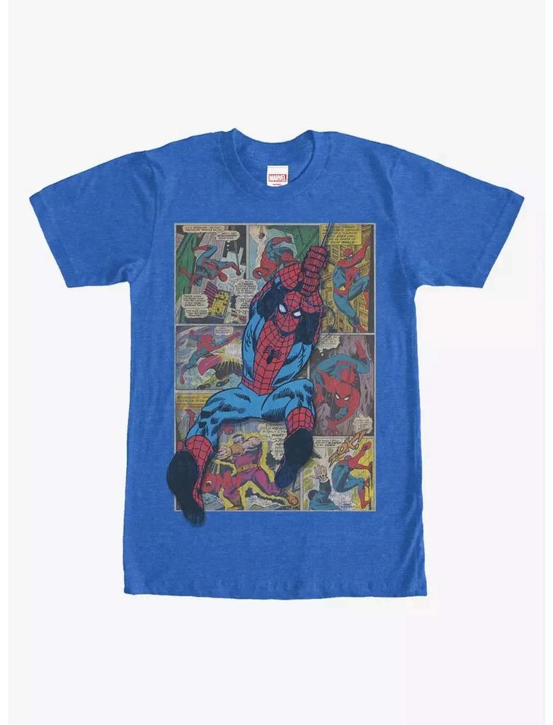 Oversized Short-Sleeve T-Shirt Featuring a Vintage Marvel Spider-Man Comic Book Panel Collage with a 3D-Style Overlay of Spider-Man Swinging