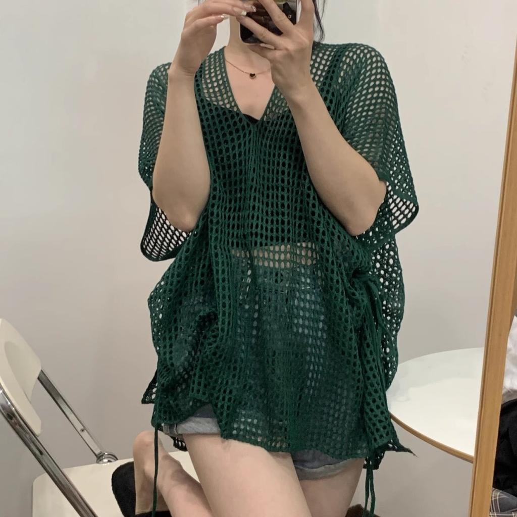 Summer Knitted Hooded Hollow Top for Women Women's Knitted Top V-neck Loose Fashion New Style