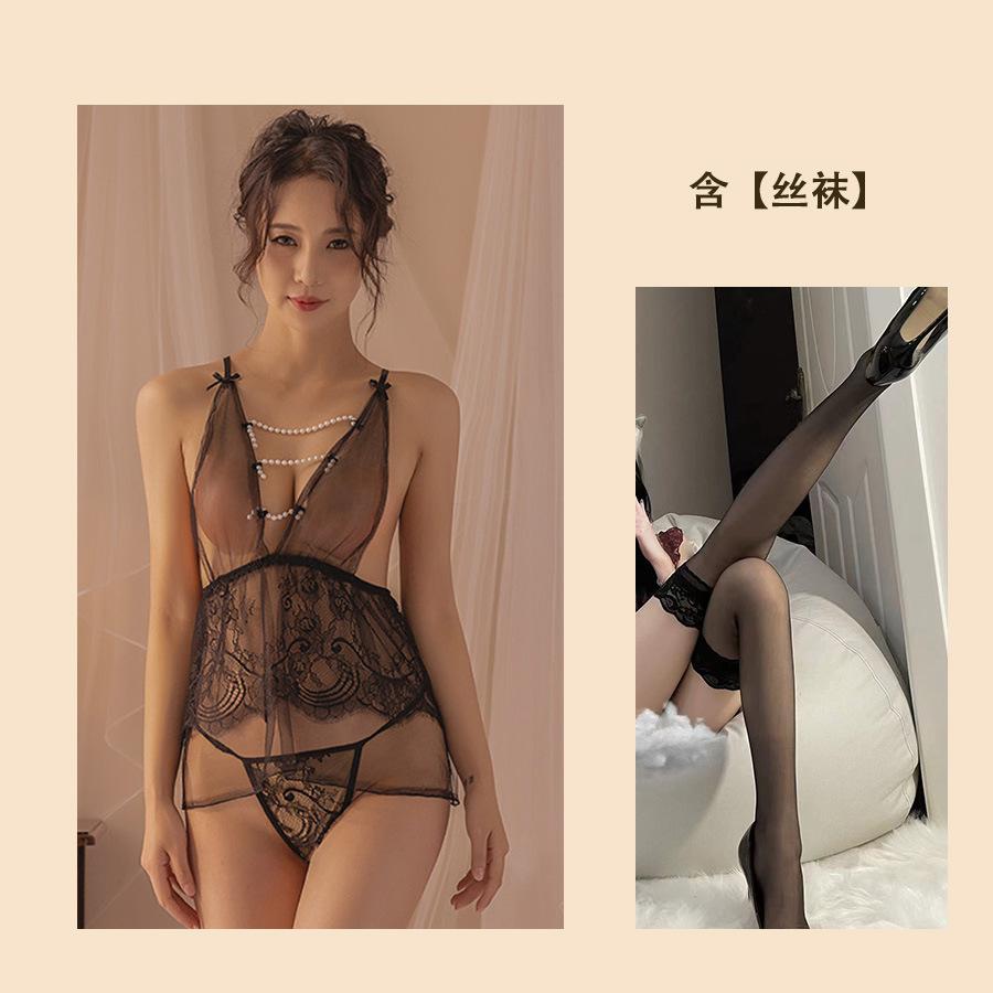 Sexy Lingerie Sexy Perspective Small Chest Bed Passion Pure Desire Pearl Mesh Deep V Hot Hollow Nightdress