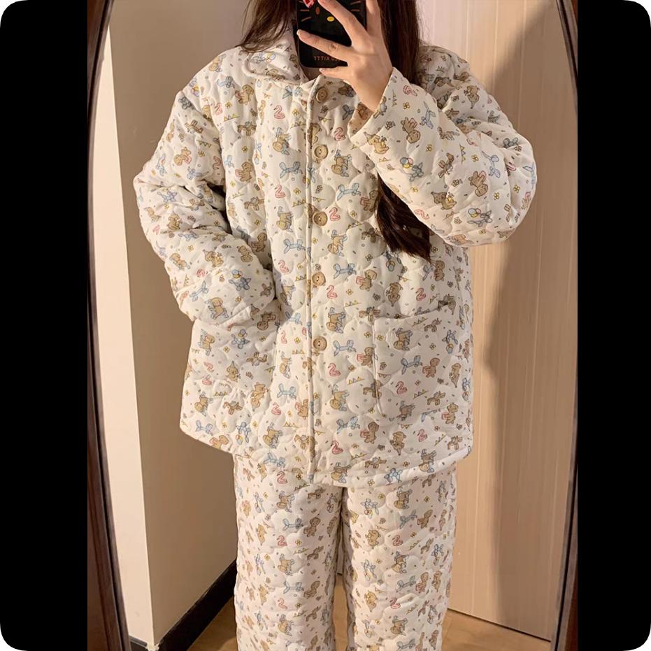 Air Quilted Pajamas Women's Winter Cute Puppy Cardigan Long-sleeved Thick Warm Home Service Suit Autumn and Winter