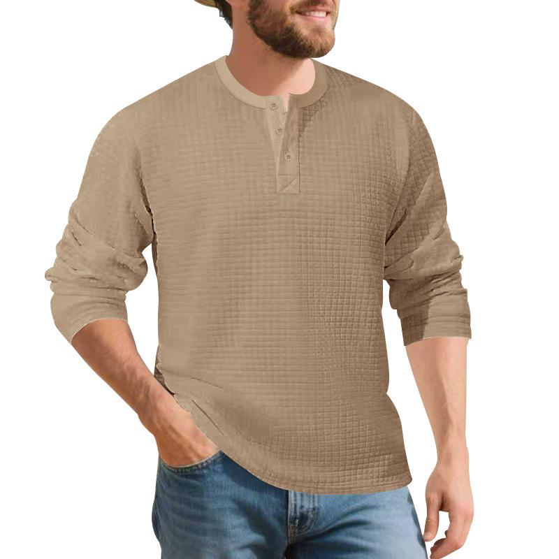 Mens Vintage Buttoned Henley Long Sleeve T Shirt Loose Fit Jacquard Autumn Winter