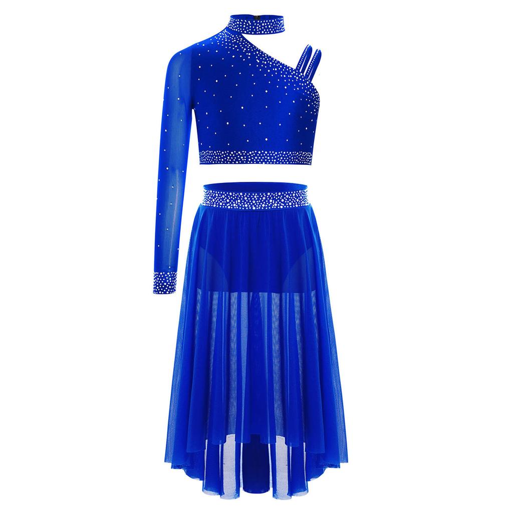 Conjunto de Ropa Lírica para Niñas Crop Top con Pedrería Diseño de Hombro Irregular Falda de Malla con Abertura Lateral