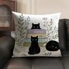 Black Cats With Books Cushion Cover Linen Organic Fabric DoubleSided Printing Sofa Breathable Home Decor Gift Pillow Case